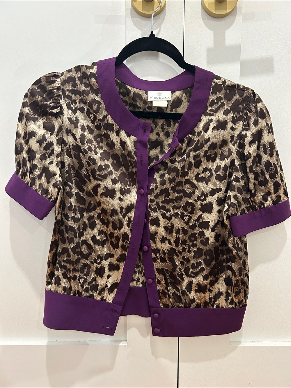 Miguelina womans Leopard Print Satin Top with Purple Trim